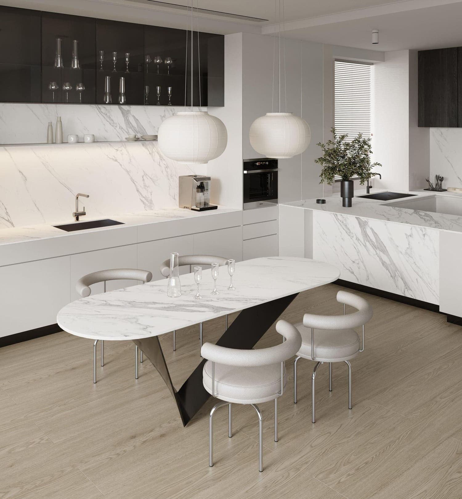 Niseko White stone on kitchen benchtops, splashback and a dining table