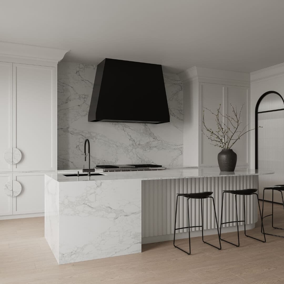 Calacatta Extra stone on a kitchen island and splashback