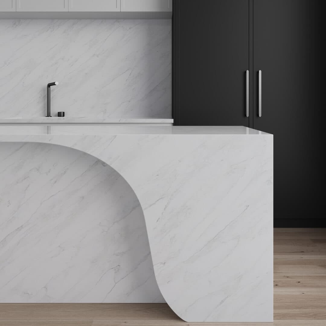 Delicato White stone shaped into a curved kitchen bench