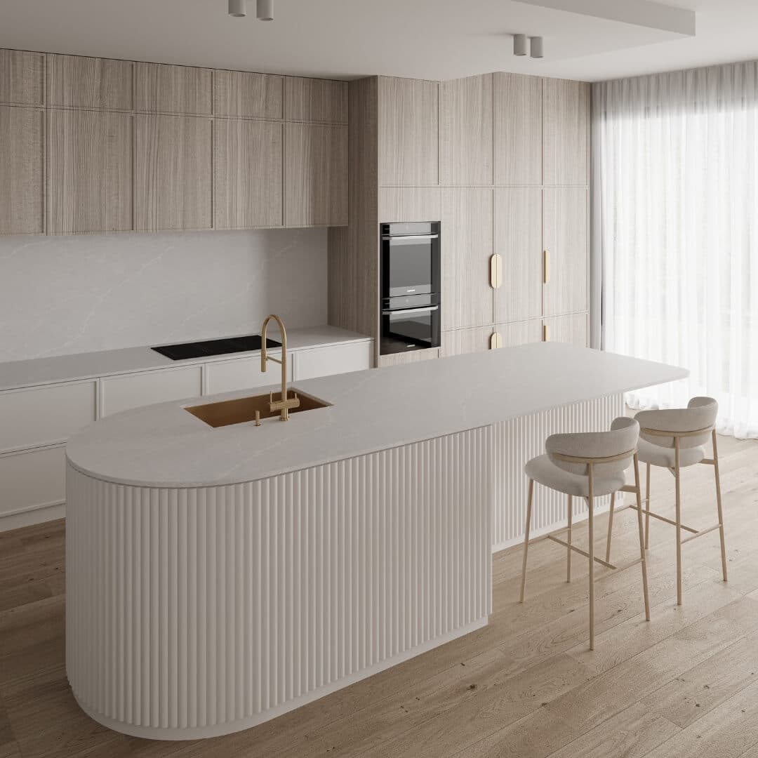 Ivory Dream stone on a curved fluted kitchen island