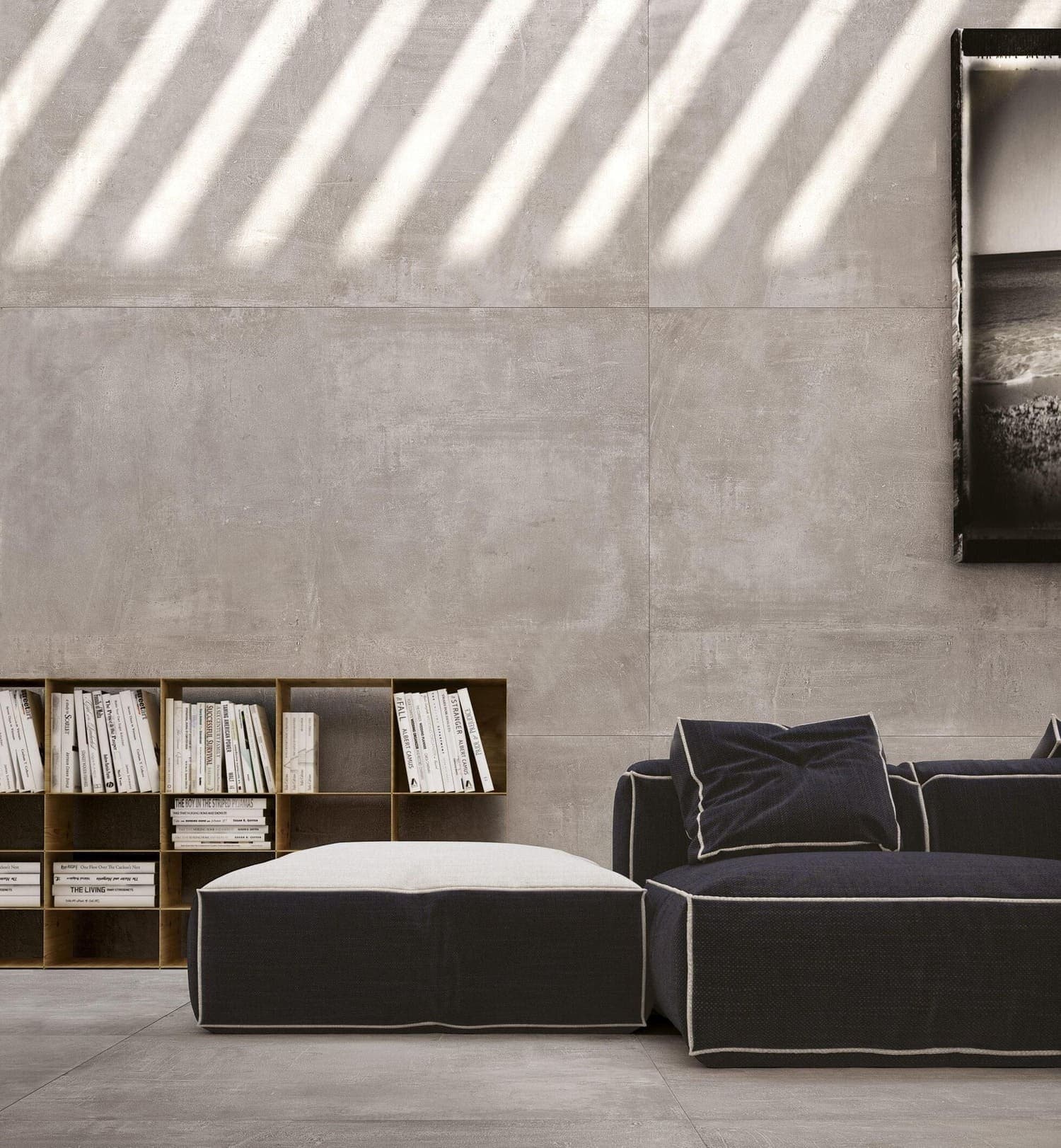 Portland Charm grey stone on a living room wall and floor