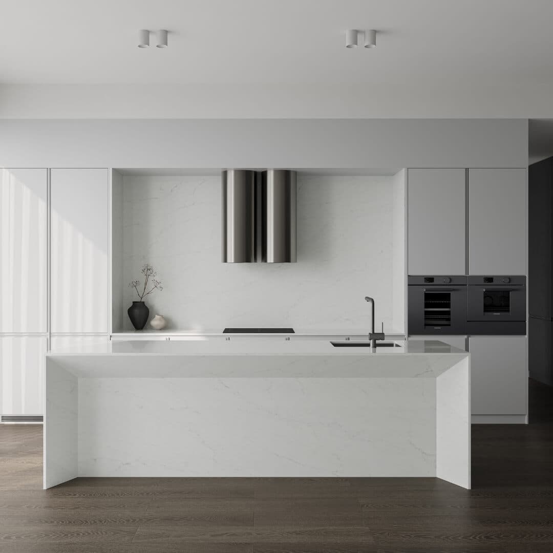 Silver Veil stone on a white kitchen island and splashback