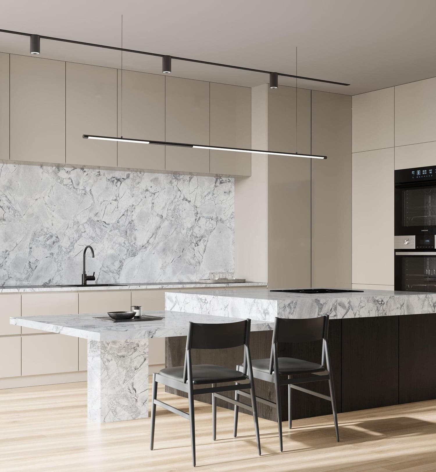 Super White stone on a kitchen island and splashback