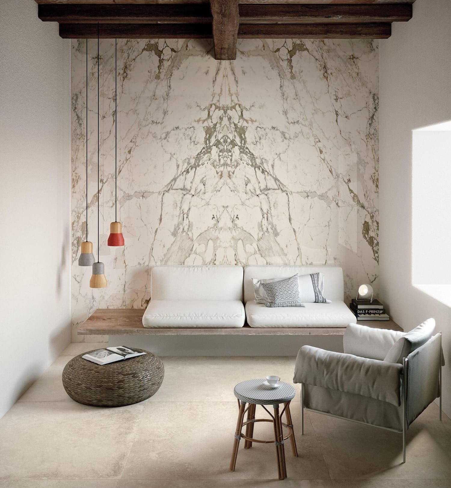 Tanaro stone on a feature wall behind a white sofa